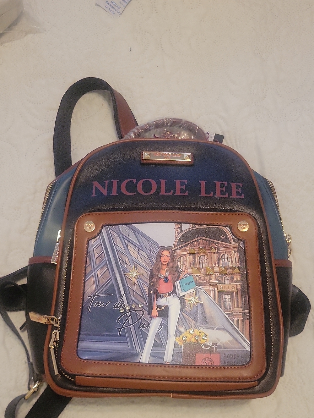 Y2K Nicole Lee Navy, Brown‎ & Black Paris-Themed Fashion Backpack NWT